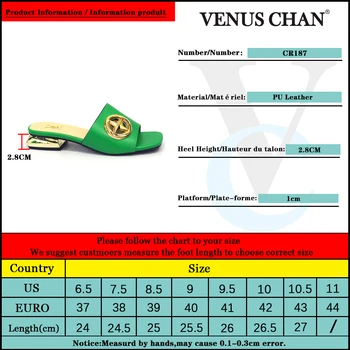 Venus Chan 2021 Ny Kæde Design Kvinder, Tøfler Muldyr Lave hæle Sandaler Firkantet tå Kvinde klip-klappere Dias Stranden sko