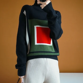 Ren uld 2019 nye høj krave pullover tyk varm trøje korte matchende farve med lange ærmer løs casual sweater kvinder