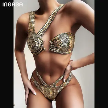 INGAGA 2021 Golden Bikini Sæt Badetøj High Cut Badetøj Kvinder Slange Uregelmæssige Badning Suit Kvinder Push Up Separat Badende