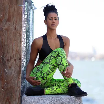 Kvinder Fitness Leggings Grøn Slange Print Leggings Elastikker Sexet SpliceBooty Push-Up Bukser