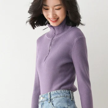 Skræddersy får Strik sweater kvinder foråret efteråret tynd version lynlås indre base langærmet top