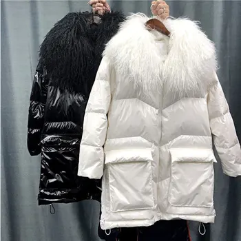 Kvinder 90% hvid duck ned Frakke 2021 Vinter jakke parkacoats Patent Læder Lyse Løs Ægte mongolsk Lam Pels Krave tyk Pels