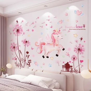 Tegnefilm Unicorn Dyr Wall Stickers DIY Mælkebøtte Blomster vægoverføringsbilleder for Kids Room Baby Soveværelse Dekoration