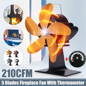 210CFM 5 Knive Effektiv Varme Komfur Fan for Træ brændeovn Pejs Varme Drevet Øko-Venligt Stille Ventilator med Termometer 2020