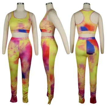 Tsuretobe Tie Dye Udskriv 2-Delt Sæt Kvinder Stablet Leggings Afgrøde Top Streetwear Tøj Sommer Tøj Til Kvinder 2020 Engros