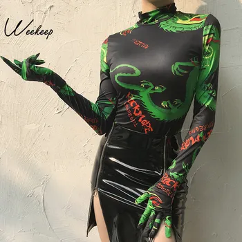 Weekeep Print High Street Bodycon O-hals Bodysuit Kvinder Foråret Efteråret Krop Mujer Romper Bodyer 2019
