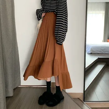 Lang Dame Nederdele med Høj Talje Elastik Asymmetrisk Efteråret Solid Farve Damer Design Alle-match Mode koreansk Stil Dagligt Femme