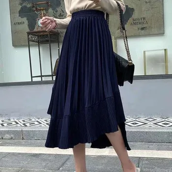 Lang Dame Nederdele med Høj Talje Elastik Asymmetrisk Efteråret Solid Farve Damer Design Alle-match Mode koreansk Stil Dagligt Femme