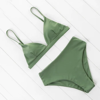 OMKAGI 2020 Badetøj Bikini Badedragt Kvinder Solid Badning Suit Grøn Neno Bikini Sæt Med pude Kvindelige Høj Talje Badetøj Biquin