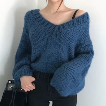 2020 Nye Efteråret Lanterne Ærme Strikket Sweater Kvinder Pullover Solid Retro-Sexy-V-hals sweater kvinder Casual løs koreanske Toppe