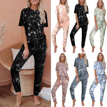 Loungewear Kvinder Pyjamas Sæt Hjem Slid, Tie-dye Print Nattøj Nattøj Fashion Forår, Sommer Kort Ærme Pyjamas Kvinder Pijamas