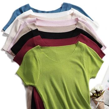Strikket Pullover Korte Ærmer strikket Sweater Kvinder Forår Sommer Slank Grundlæggende Solid Afslappet Base Kvinde at strikke trøjer 2021 Korea