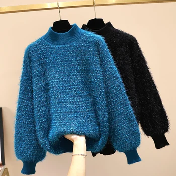 2021 Efterår og Vinter Nye Plus Size Womens Sweater Casual Løs Dovne Toppe, Mode Oversize, Varm, Blå Tøj Kvindelige 3XL 4XL