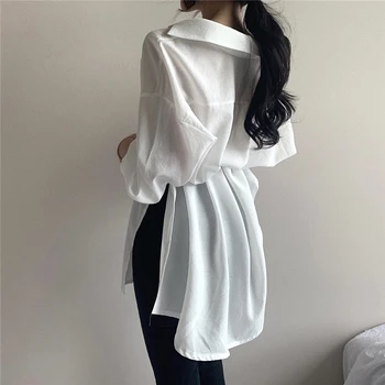 Efteråret Lange Ærmer V-hals Cardigan Knap Op-Shirt Uregelmæssige koreanske Hvide Toppe For Kvinder Afslappet Lace-up Hvid Bluse Kvinder 11677