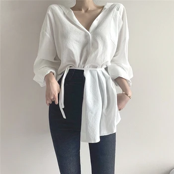 Efteråret Lange Ærmer V-hals Cardigan Knap Op-Shirt Uregelmæssige koreanske Hvide Toppe For Kvinder Afslappet Lace-up Hvid Bluse Kvinder 11677