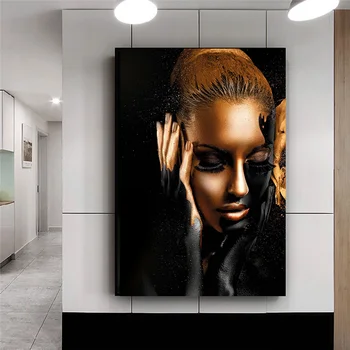 Sort Guld Afrikansk Kvinde oliemalerier på Lærred Nøgen Væg Kunst, Plakater og Prints Skandinaviske Cuadros for Living Room Decor