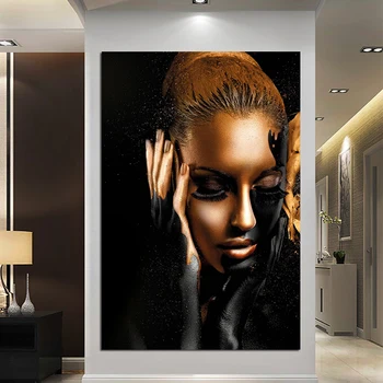 Sort Guld Afrikansk Kvinde oliemalerier på Lærred Nøgen Væg Kunst, Plakater og Prints Skandinaviske Cuadros for Living Room Decor