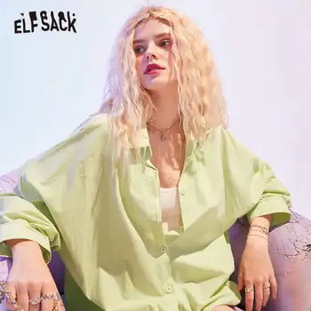 ELFSACK Is Solid Minimalistisk Afslappet Kvinder Shirts 2020 Efteråret ELF Enkelt Breasted Fuld Ærme koreanske Damer Daglig basis Top