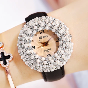 Elegant Rhinestone Kvinder Watch Cirkel Krystal Diamant Dial Bracelet Læder Band Unikke Kjole Mænds Mekanisk Ur reloj de mujer