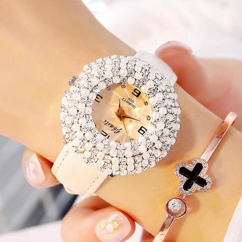 Elegant Rhinestone Kvinder Watch Cirkel Krystal Diamant Dial Bracelet Læder Band Unikke Kjole Mænds Mekanisk Ur reloj de mujer