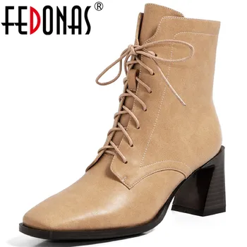 FEDONAS Mode Ægte Læder Chelsea Støvler Til Kvinder 2020 Vinter Firkantet Tå Høje Hæle Støvler Bryllup Fest Sko Hæle Kvinde