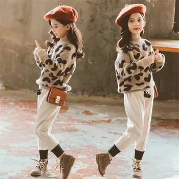 Børn Piger Tøj Sæt Efterår og Vinter Skole Piger Sport, der Passer Leopard Bukser, Hoodie skolebørn Træningsdragt for Piger Tøj