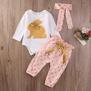Baby pige tøj Sæt Kanin trykt Lange ærmer Sparkedragt+bukser+pandebånd spædbarn tøj 3stk sæt nyfødte baby boy tøj sæt