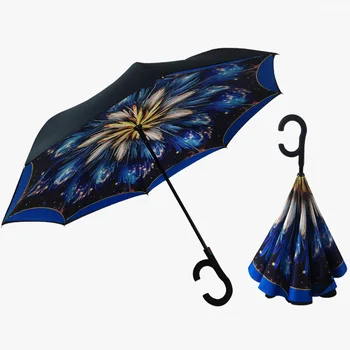 Hot C Håndtere Omvendt Folde Paraply Mand Kvinder Solen Regn Bil Semi-automatisk Parasoller Double Layer Anti UV Selv Stå Parapluie