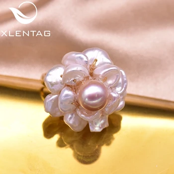XlentAg 925 Sterling Sølv Natural Frisk Vand Barok Pink Perle Blomst Justerbar Ring For Kvinder Bryllup Smykker GR0237