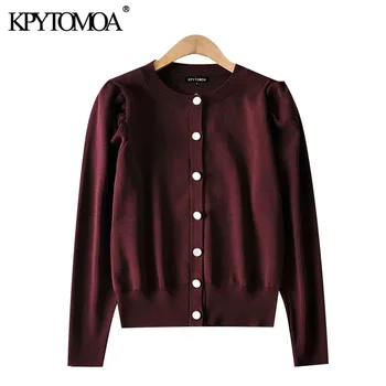 KPYTOMOA Kvinder 2020 Mode Faux-Perle Knapper Strikket Cardigan Sweater Vintage O Hals Trække Ærmet Kvindelige Overtøj Smarte Toppe