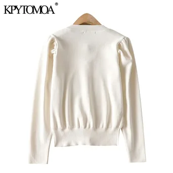 KPYTOMOA Kvinder 2020 Mode Faux-Perle Knapper Strikket Cardigan Sweater Vintage O Hals Trække Ærmet Kvindelige Overtøj Smarte Toppe