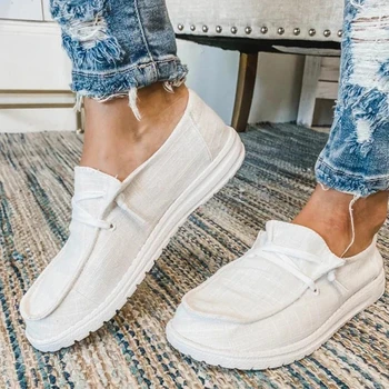 Canvas Sko Kvinder Lace-Up Sneakers 2020 Sommeren Damer Loafers Soft Åndbar Casual Sko Solid Kvindelige Flade Sko Plus Størrelse