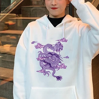 Dragon Trykt Hættetrøjer Kvinder Æstetiske Pullover Lommer Løse Toppe Langærmet Sweatshirt Hip Hop Streetwear Stil For Teen Pige