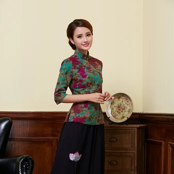 2021 Kinesisk stil retro Tang dekoration trykt bomuld, håndlavet blomst spænde cheongsam top