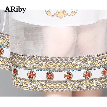 ARiby Sommer Kjole Til Elegante Kvinder V Krave Kjole 2019 Nye Mode Dame Korte Ærmer Mesh Splejse Udskrevet En Online Mid-Kalv Kjoler