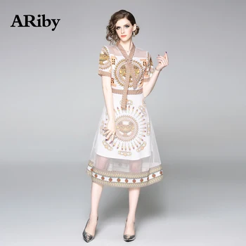 ARiby Sommer Kjole Til Elegante Kvinder V Krave Kjole 2019 Nye Mode Dame Korte Ærmer Mesh Splejse Udskrevet En Online Mid-Kalv Kjoler