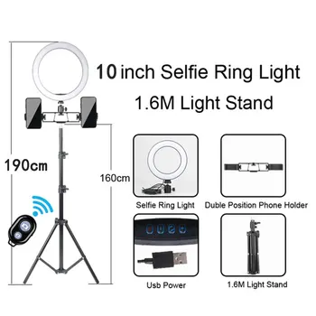 10 Tommer Vlog Video LED Selfie Ring Lys USB-Ring Lampe Fotografering Lys Med Telefonen Holder Stativ Stå for Makeup Youtube