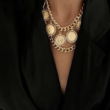 Europæiske og Amerikanske populære retro multi-lag relief portræt metal halskæde kvinder mode smykker engros