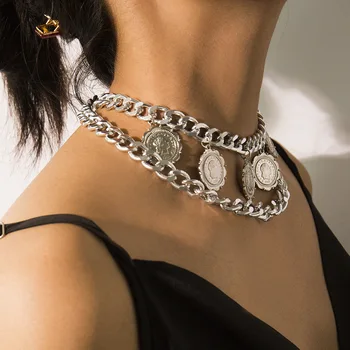 Europæiske og Amerikanske populære retro multi-lag relief portræt metal halskæde kvinder mode smykker engros