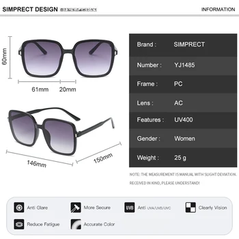 SIMPRECT Square Solbriller Kvinder 2021 Vintage Fashion Brand Overdimensionerede solbriller Stor Ramme UV400 Nuancer Til Kvinder Gafas De Sol