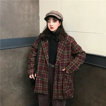 Kvinder frakke koreanske Løs Uldne Plaid Jakke til mellem-og Lang-stil Kvinder med Et Bredt Sæt af Slim Uldne Jakker I Foråret