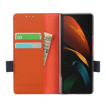 Deluxe-Wallet taske til Samsung Galaxy Z Fold2 5G / Z-Fold 2 5G Ægte Læder Flip Cover Ægte Hud Telefon Tasker