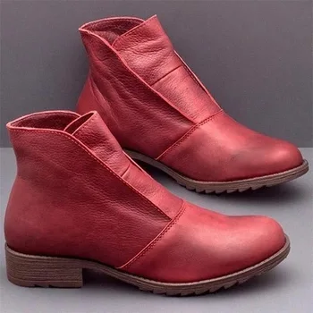 STS Kvinder Casual Støvler Lejligheder Bunden Slip-On Læder Vintage Varm Mode Boot Behagelig Blød Udendørs Fodtøj Plus Størrelse