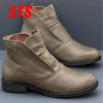 STS Kvinder Casual Støvler Lejligheder Bunden Slip-On Læder Vintage Varm Mode Boot Behagelig Blød Udendørs Fodtøj Plus Størrelse