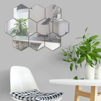 BANMU 12pcs DIY Sølv Akryl Reflekterende Sekskant Spejl Wall Stickers Wall Spejl Decals Hjem Indretning Dekoration til Stuen
