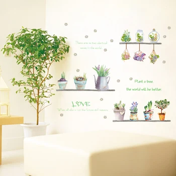 Grøn Plante, Blomst Potteplanter Wall Sticker Sukkulenter Kaktus Hylde Soveværelse Stue Hjem Haven Indretning Decals Aftagelig