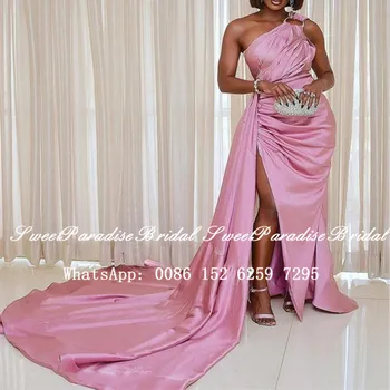 Den Ene Skulder Pink Kjole Til Aften I Lange Kapel Tog 2020 Sexede Side Split Eksamen Prom Kjoler Til Kvinder Vestido De Festa