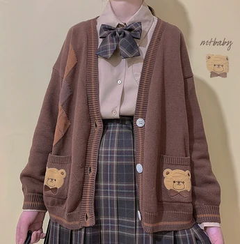 Efterår og Vinter Strik Cardigan Kvinder Japansk Bløde søde Søde bær Mønster Lomme V-hals langærmet Sweater Jakke Pige Frakke