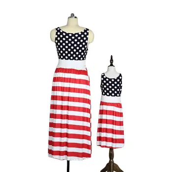 PaMaBa Mor og Mig Patriotiske Dress-up 4th af juli Maxi Kjoler Amerikanske Flag Lange Kjole Rød Hvid Blå Mor & Mig Outfit Klæder