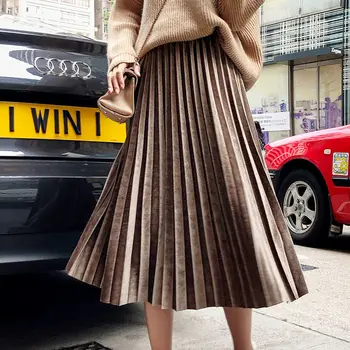 2019 new Fashion Autumn Winter Pleated Skirt Womens Vintage High Waist Skirt Solid Long Skirts New Fashion Metallic Skirt Female